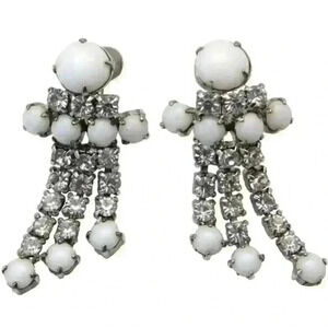 Vintage Earrings White Milk Glass & Clear Rhinestone Dangle Long Moonstone